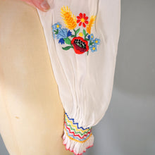 Load image into Gallery viewer, 60s SHEER WHITE HAND EMBROIDERED HUNGARIAN FOLK SMOCK BLOUSE - M