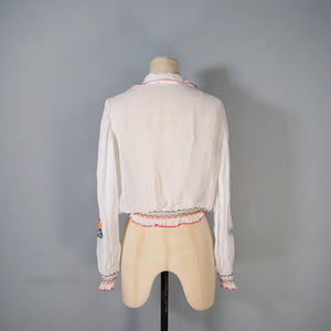60s SHEER WHITE HAND EMBROIDERED HUNGARIAN FOLK SMOCK BLOUSE - M