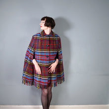 Load image into Gallery viewer, 70s BLUE RED FRINGE TASSLE CHECK PLAID BLANKET WOOL CAPE - S-M