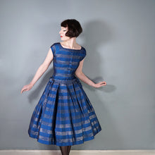 Load image into Gallery viewer, 50s BLANES BLUE AND GOLD METALLIC STRIPE FULL SKIRTED PARTY DRESS WITH BOWS - S
