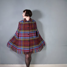 Load image into Gallery viewer, 70s BLUE RED FRINGE TASSLE CHECK PLAID BLANKET WOOL CAPE - S-M