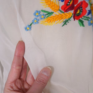 60s SHEER WHITE HAND EMBROIDERED HUNGARIAN FOLK SMOCK BLOUSE - M