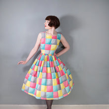 Load image into Gallery viewer, 50s BRIGHT COLOURFUL YELLOW PINK AND TURQUOISE CHECK DAY DRESS - S