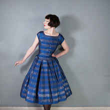 Load image into Gallery viewer, 50s BLANES BLUE AND GOLD METALLIC STRIPE FULL SKIRTED PARTY DRESS WITH BOWS - S