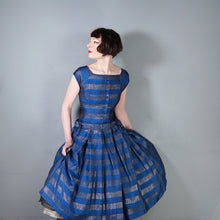 Load image into Gallery viewer, 50s BLANES BLUE AND GOLD METALLIC STRIPE FULL SKIRTED PARTY DRESS WITH BOWS - S