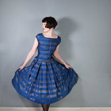 Load image into Gallery viewer, 50s BLANES BLUE AND GOLD METALLIC STRIPE FULL SKIRTED PARTY DRESS WITH BOWS - S