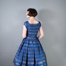 Load image into Gallery viewer, 50s BLANES BLUE AND GOLD METALLIC STRIPE FULL SKIRTED PARTY DRESS WITH BOWS - S
