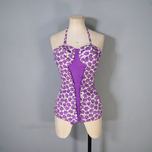 50s SCOTCH WOOL SHOP PURPLE ROSE FLORAL PRINT SHIRRED SWIMSUIT - S