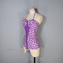 Load image into Gallery viewer, 50s SCOTCH WOOL SHOP PURPLE ROSE FLORAL PRINT SHIRRED SWIMSUIT - S
