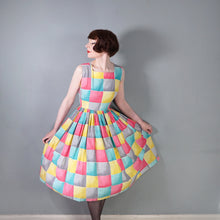 Load image into Gallery viewer, 50s BRIGHT COLOURFUL YELLOW PINK AND TURQUOISE CHECK DAY DRESS - S