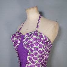 Load image into Gallery viewer, 50s SCOTCH WOOL SHOP PURPLE ROSE FLORAL PRINT SHIRRED SWIMSUIT - S