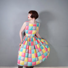 Load image into Gallery viewer, 50s BRIGHT COLOURFUL YELLOW PINK AND TURQUOISE CHECK DAY DRESS - S