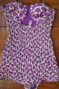50s SCOTCH WOOL SHOP PURPLE ROSE FLORAL PRINT SHIRRED SWIMSUIT - S