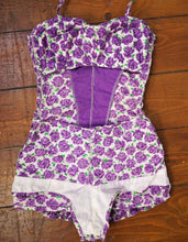 Load image into Gallery viewer, 50s SCOTCH WOOL SHOP PURPLE ROSE FLORAL PRINT SHIRRED SWIMSUIT - S