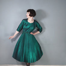 Load image into Gallery viewer, 50s RODNEY DARK GREEN METALLIC TAFFETA PLEATED FULL SKIRT DRESS WITH BELT - XS-S