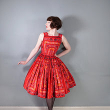 Load image into Gallery viewer, 50s RED FULL SKIRTED DRESS WITH HEART AND ROSE PRINT - S