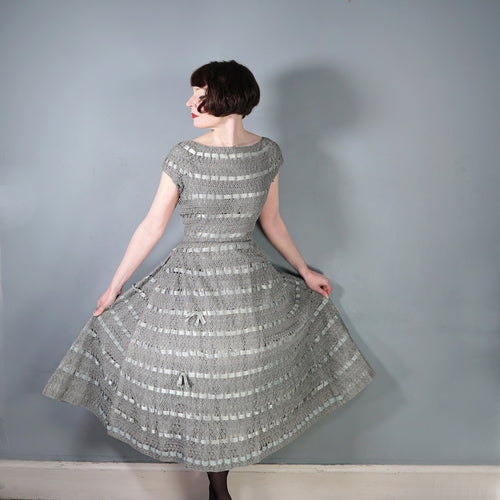 50s HANDMADE GREY CROCHET AND SATIN RIBBON FULL SKIRTED DRESS - M