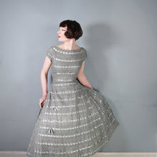 Load image into Gallery viewer, 50s HANDMADE GREY CROCHET AND SATIN RIBBON FULL SKIRTED DRESS - M