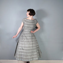 Load image into Gallery viewer, 50s HANDMADE GREY CROCHET AND SATIN RIBBON FULL SKIRTED DRESS - M