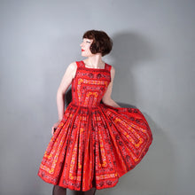 Load image into Gallery viewer, 50s RED FULL SKIRTED DRESS WITH HEART AND ROSE PRINT - S