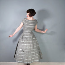 Load image into Gallery viewer, 50s HANDMADE GREY CROCHET AND SATIN RIBBON FULL SKIRTED DRESS - M