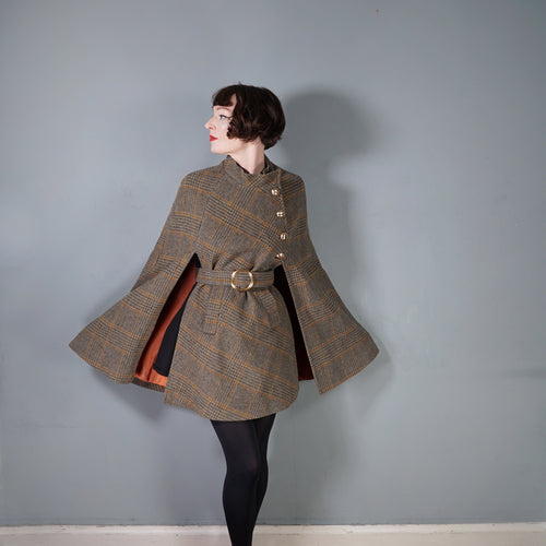 60s BROWN PLAID TWEEDY WOOL CAPE COAT WITH MILITARY STYLE GOLD BUTTON AND BELT - S