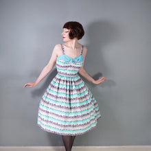 Load image into Gallery viewer, 50s PASTEL BLUE AND PURPLE TINY ROSE PRINT STRIPE SUN DRESS - S