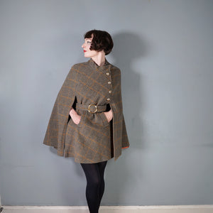 60s BROWN PLAID TWEEDY WOOL CAPE COAT WITH MILITARY STYLE GOLD BUTTON AND BELT - S