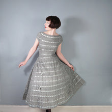 Load image into Gallery viewer, 50s HANDMADE GREY CROCHET AND SATIN RIBBON FULL SKIRTED DRESS - M