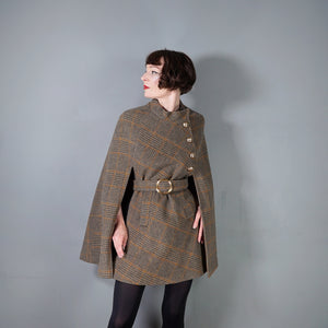 60s BROWN PLAID TWEEDY WOOL CAPE COAT WITH MILITARY STYLE GOLD BUTTON AND BELT - S