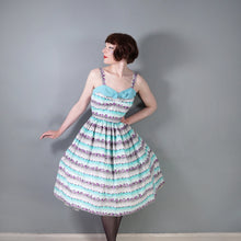 Load image into Gallery viewer, 50s PASTEL BLUE AND PURPLE TINY ROSE PRINT STRIPE SUN DRESS - S