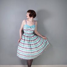 Load image into Gallery viewer, 50s PASTEL BLUE AND PURPLE TINY ROSE PRINT STRIPE SUN DRESS - S