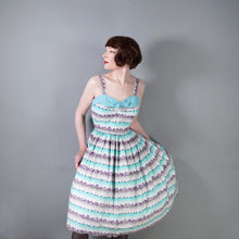 Load image into Gallery viewer, 50s PASTEL BLUE AND PURPLE TINY ROSE PRINT STRIPE SUN DRESS - S