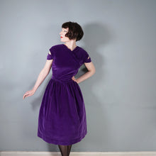 Load image into Gallery viewer, 60s HANDMADE PURPLE VELVET PARTY DRESS WITH CUT OUT SHOULDER - M
