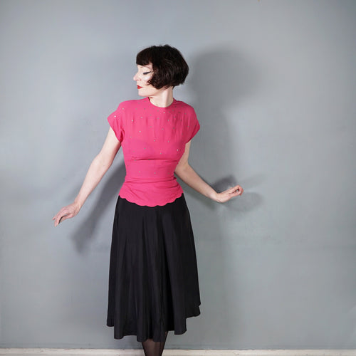 40s PINK AND BLACK RAYON RHINESTONED COCKTAIL DRESS - XS