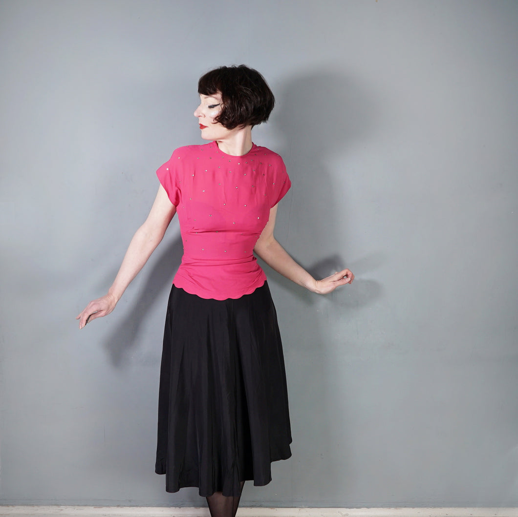 40s PINK AND BLACK RAYON RHINESTONED COCKTAIL DRESS - XS