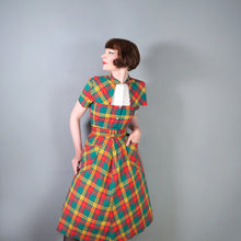 Load image into Gallery viewer, 40s 50s VIBRANT AUTUMN PLAID CAPE SHOULDER SHIRT DRESS WITH BELT - S