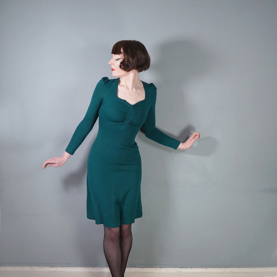 70s DARK GREEN FINE WOOL STRETCH JERSEY ART DECO INSPIRED DRESS
