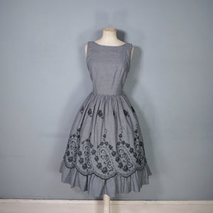 50s LIGHTWEIGHT TIERED EMBROIDERED GREY GINGHAM DRESS WITH DEEP SCOOP BACK - XS-S