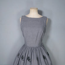 Load image into Gallery viewer, 50s LIGHTWEIGHT TIERED EMBROIDERED GREY GINGHAM DRESS WITH DEEP SCOOP BACK - XS-S