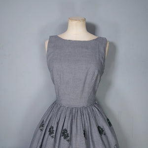 50s LIGHTWEIGHT TIERED EMBROIDERED GREY GINGHAM DRESS WITH DEEP SCOOP BACK - XS-S