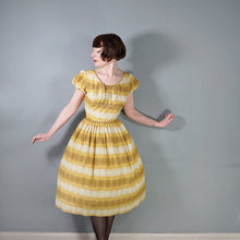 Load image into Gallery viewer, 50s MUSTARD YELLOW FLORAL SUN DRESS WITH RUCHED SHELF BUST AND PRINCESS PUFF SLEEVE - S-M