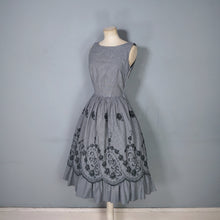 Load image into Gallery viewer, 50s LIGHTWEIGHT TIERED EMBROIDERED GREY GINGHAM DRESS WITH DEEP SCOOP BACK - XS-S