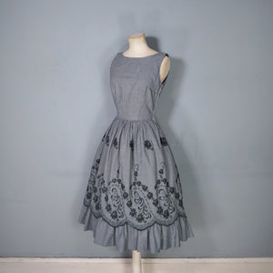 50s LIGHTWEIGHT TIERED EMBROIDERED GREY GINGHAM DRESS WITH DEEP SCOOP BACK - XS-S