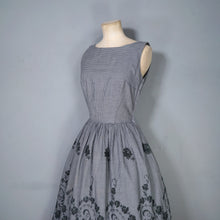 Load image into Gallery viewer, 50s LIGHTWEIGHT TIERED EMBROIDERED GREY GINGHAM DRESS WITH DEEP SCOOP BACK - XS-S