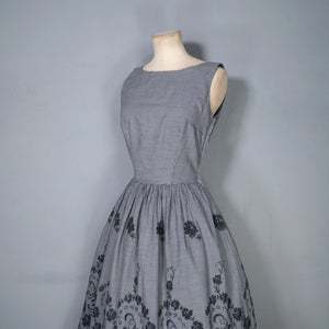 50s LIGHTWEIGHT TIERED EMBROIDERED GREY GINGHAM DRESS WITH DEEP SCOOP BACK - XS-S