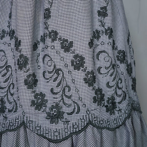 50s LIGHTWEIGHT TIERED EMBROIDERED GREY GINGHAM DRESS WITH DEEP SCOOP BACK - XS-S
