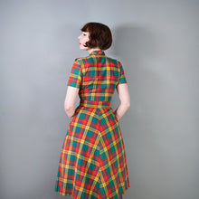 Load image into Gallery viewer, 40s 50s VIBRANT AUTUMN PLAID CAPE SHOULDER SHIRT DRESS WITH BELT - S