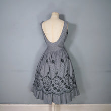 Load image into Gallery viewer, 50s LIGHTWEIGHT TIERED EMBROIDERED GREY GINGHAM DRESS WITH DEEP SCOOP BACK - XS-S