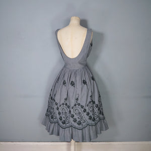50s LIGHTWEIGHT TIERED EMBROIDERED GREY GINGHAM DRESS WITH DEEP SCOOP BACK - XS-S
